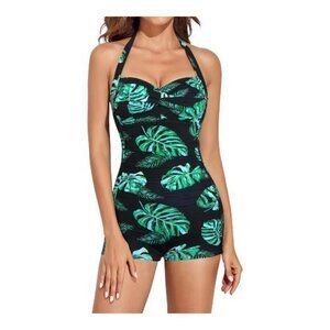 Sweetheart Swimsuit Shorts Black Green Leaves Boyleg Retro Halter XL NWT #1926